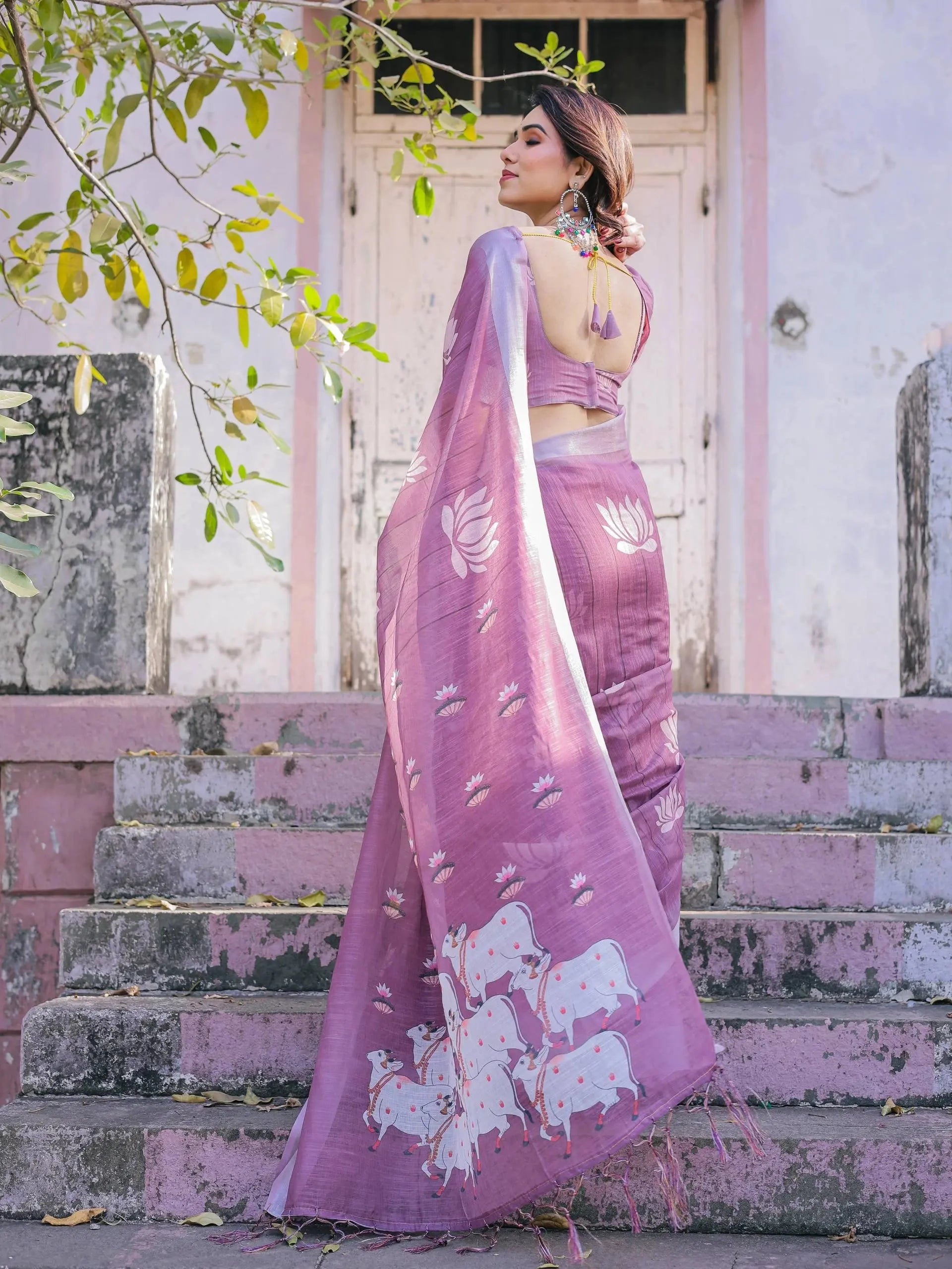 Printed purple soft linen cotton saree – Kalyanja.